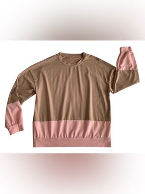 ROMWE Sweatshirt Women’s L Tan Pink Colorblock Crewneck Lightweight Relaxed Fit